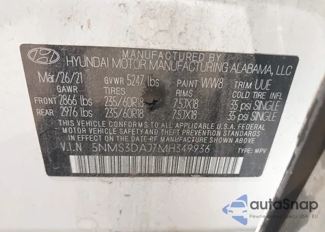 2021 Hyundai Santa Fe Sel from USA, damaged, VIN 5NMS3DAJ7MH349936